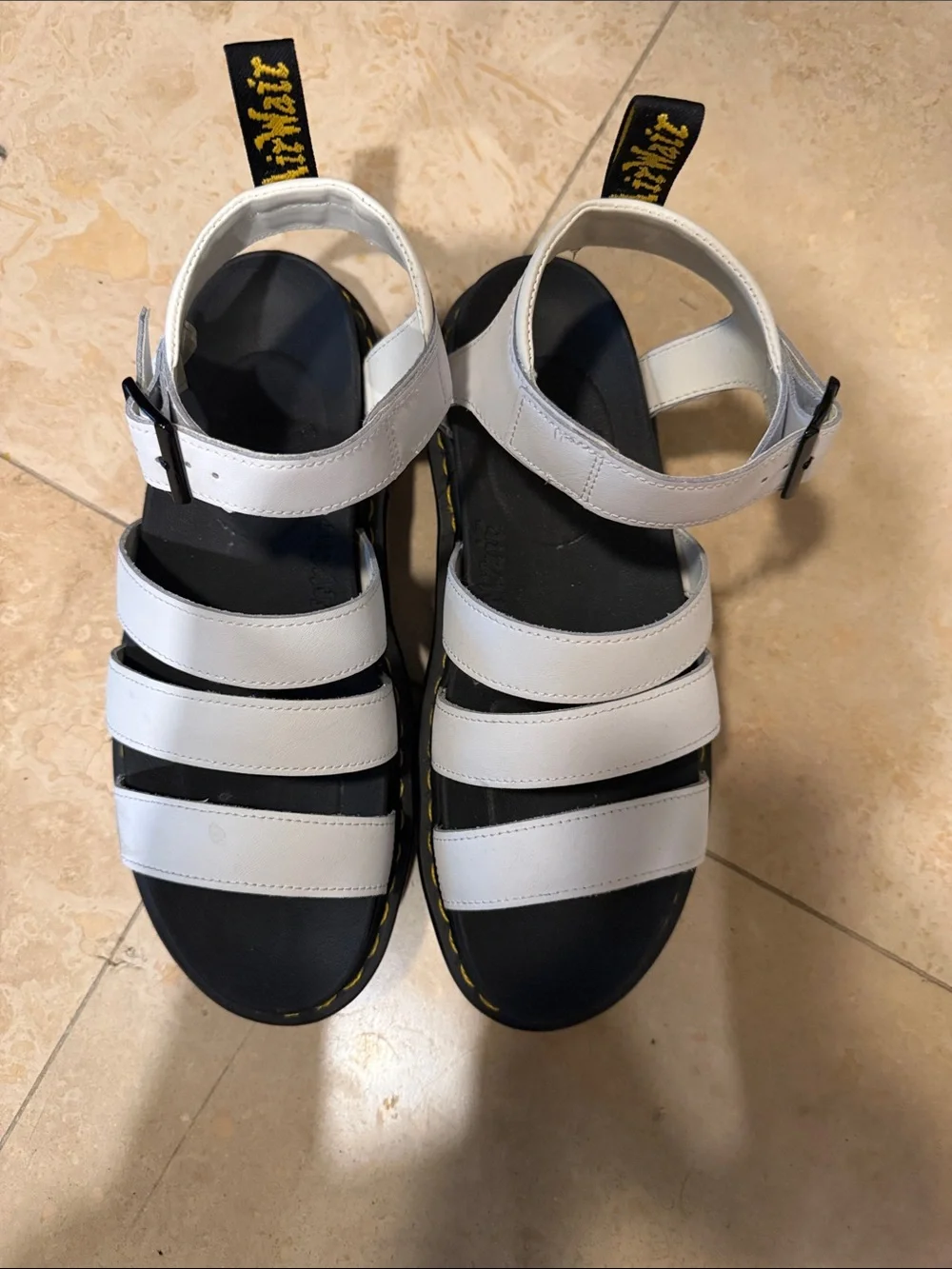 Dr. Martens White Triple-Strap Platform Sandals with Yellow Stitching